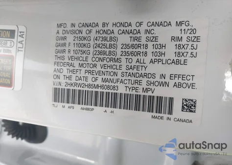 2021 Honda Cr-V Awd Ex-L z USA, uszkodzony, nr VIN 2HKRW2H85MH608083